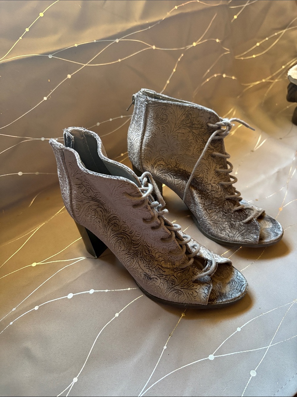 Report Silver Embossed Lace-Up Peep Toe Ankle Boots